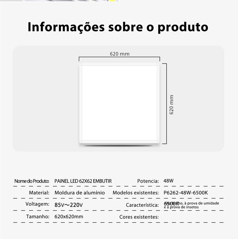 Kt5 Painel Led Quadrada Embutir 62x62 48w 6500k Branco Frio