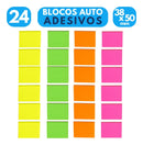 24x Bloco Auto Adesivo Neon Coloridos 38x50 Mm 1200 Folhas 24 Blocos Adesivos Notas Recado Estudo Escritório Escolar Postit