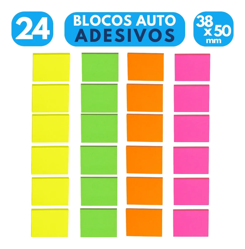 24x Bloco Auto Adesivo Neon Coloridos 38x50 Mm 1200 Folhas 24 Blocos Adesivos Notas Recado Estudo Escritório Escolar Postit