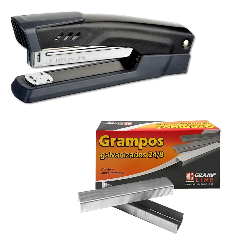 Kit Grampeador Ge-5050 50 Fls + Grampo 24/8 (5000 Grampos) Cor Cinza-escuro