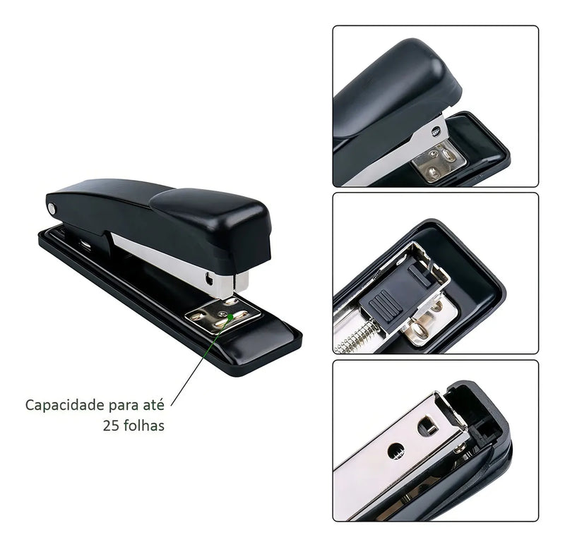 Kit 2 Grampeadores Metal Preto 25 Folhas Escritório 11,5cm