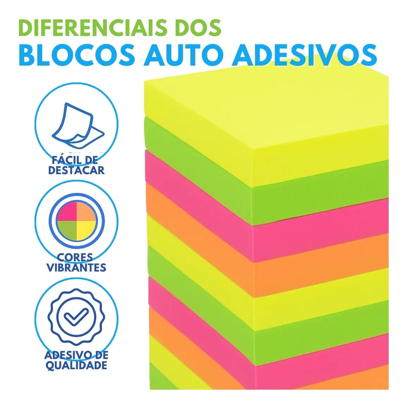 24x Bloco Auto Adesivo Neon Coloridos 38x50 Mm 1200 Folhas 24 Blocos Adesivos Notas Recado Estudo Escritório Escolar Postit